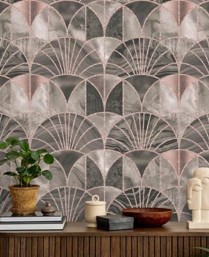 Art-Deco-Tapete in Beige und Rosa Art-Deco-Tapete in Beige und Rosa