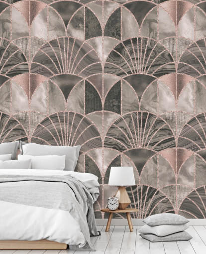 Papier peint art déco beige et rose