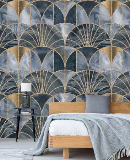 Art deco-behang in blauw en goud Art deco-behang in blauw en goud