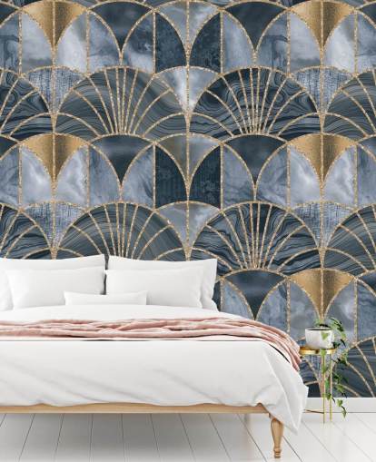 Art deco-behang in blauw en goud