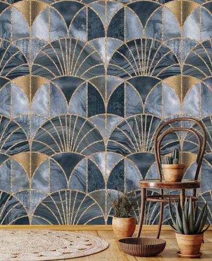 Blå og guld art deco tapet