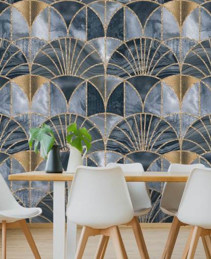 Blå och guld art deco tapet