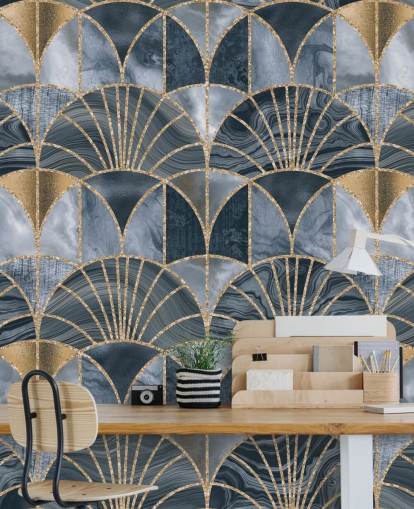 Papel de parede art déco azul e dourado