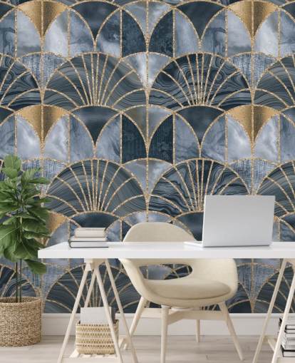 Art deco-behang in blauw en goud