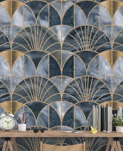 Art deco-behang in blauw en goud