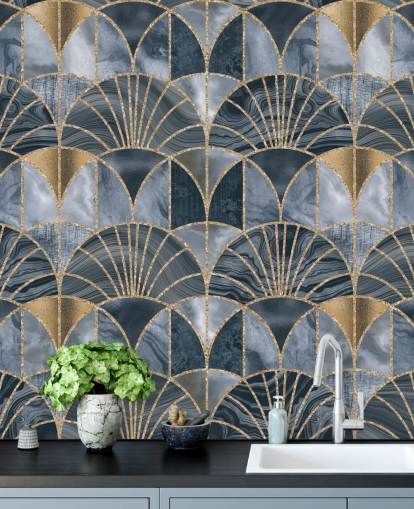 Blaue und goldene Art-Deco-Tapete Blaue und goldene Art-Deco-Tapete