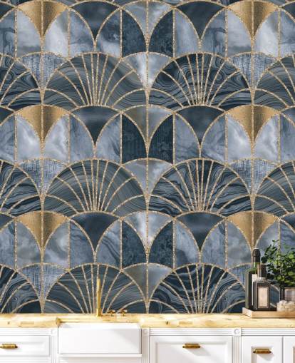 Art deco-behang in blauw en goud Art deco-behang in blauw en goud