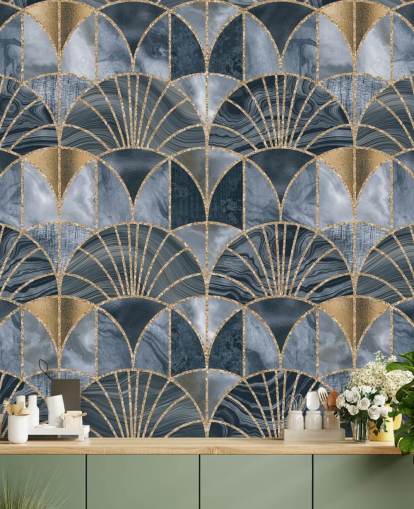 Art deco-behang in blauw en goud Art deco-behang in blauw en goud