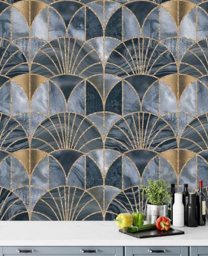 Blue and gold art deco wallpaper