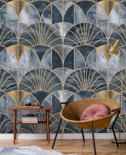 Blue and gold art deco wallpaper