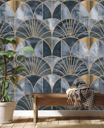 Papel pintado art deco azul y dorado