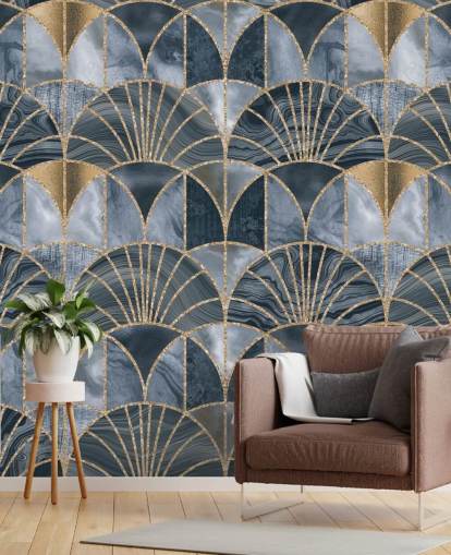 Blaue und goldene Art-Deco-Tapete