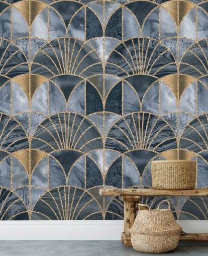 Art deco-behang in blauw en goud Art deco-behang in blauw en goud