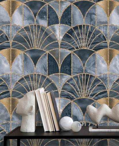 Carta da parati art deco blu e oro