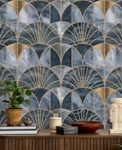 Blue and gold art deco wallpaper
