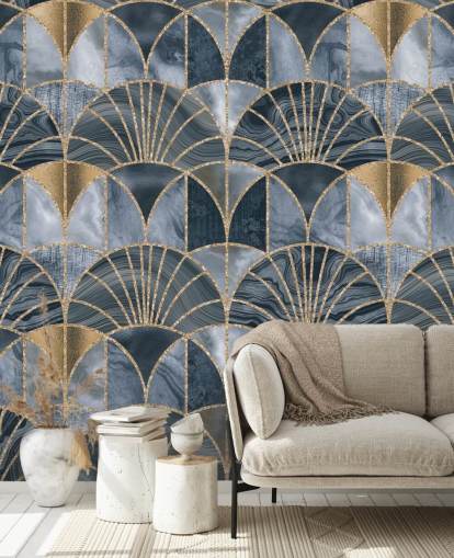 Papel pintado art deco azul y dorado