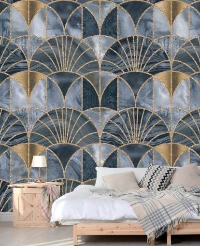 Blue and gold art deco wallpaper