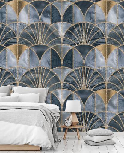Art deco-behang in blauw en goud Art deco-behang in blauw en goud