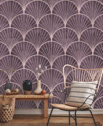 papel pintado morado con efecto art deco