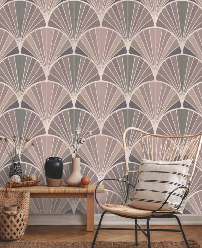blush pink og fløde art deco stil tapet