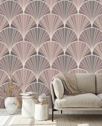blush pink og fløde art deco stil tapet