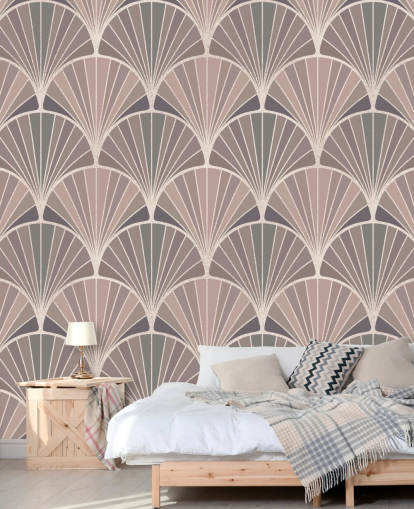 Tapete im Art-Deco-Stil in Rouge, Rosa und Cremefarben