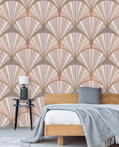 Behang met roze, grijs en goud art deco-patroon Behang met roze, grijs en goud art deco-patroon