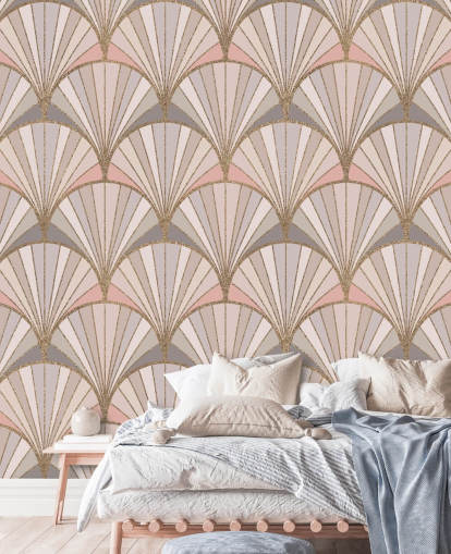 Papel pintado con estampado art deco rosa, gris y dorado