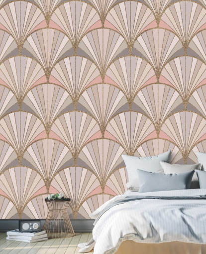 Behang met roze, grijs en goud art deco-patroon