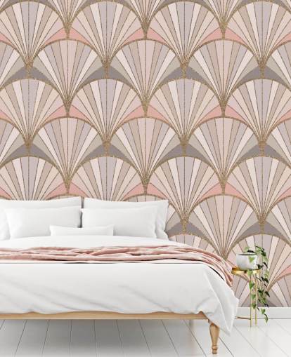 Papel de parede com padrão art déco rosa, cinza e dourado Papel de parede com padrão art déco rosa, cinza e dourado