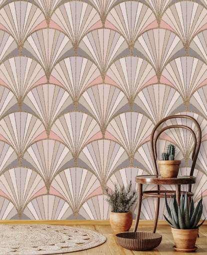 Papier peint à motif art déco rose, gris et doré