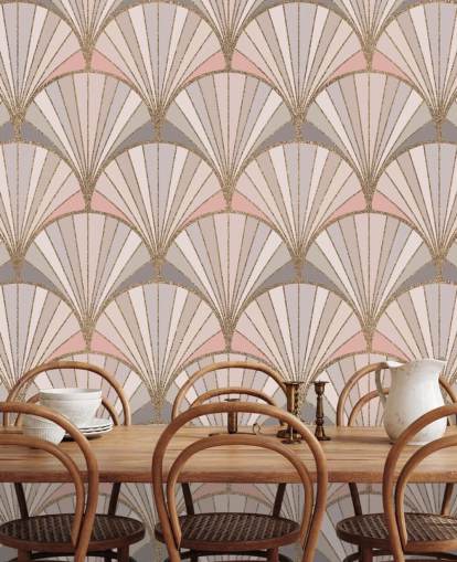 Art-Deco-Mustertapete in Rosa, Grau und Gold