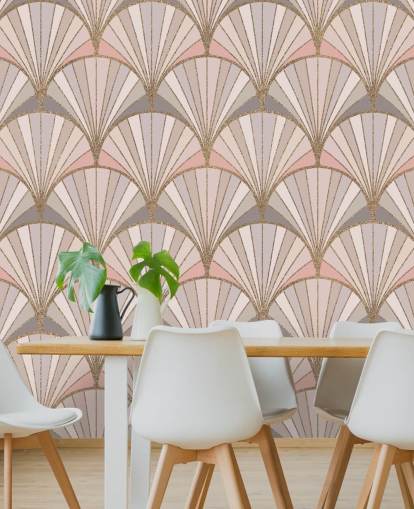 Carta da parati con motivo art deco rosa, grigio e oro
