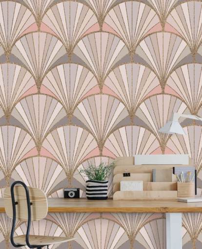 Papier peint à motif art déco rose, gris et doré