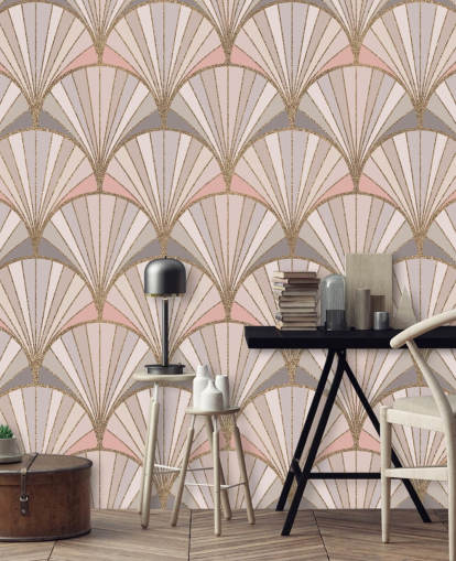 Papel de parede com padrão art déco rosa, cinza e dourado Papel de parede com padrão art déco rosa, cinza e dourado