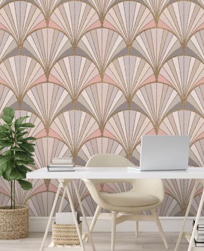 Papel pintado con estampado art deco rosa, gris y dorado Papel pintado con estampado art deco rosa, gris y dorado