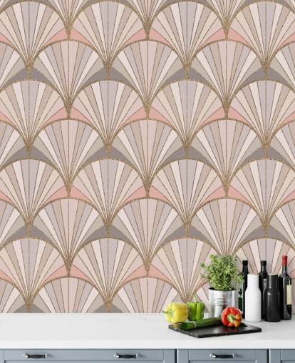 Art-Deco-Mustertapete in Rosa, Grau und Gold