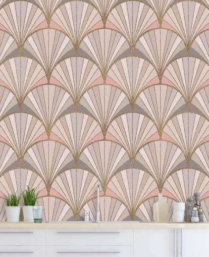 Pink, grey and gold art deco pattern wallpaper