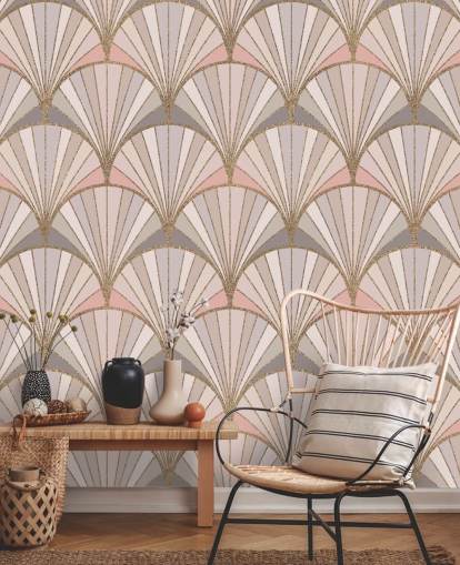 Carta da parati con motivo art deco rosa, grigio e oro