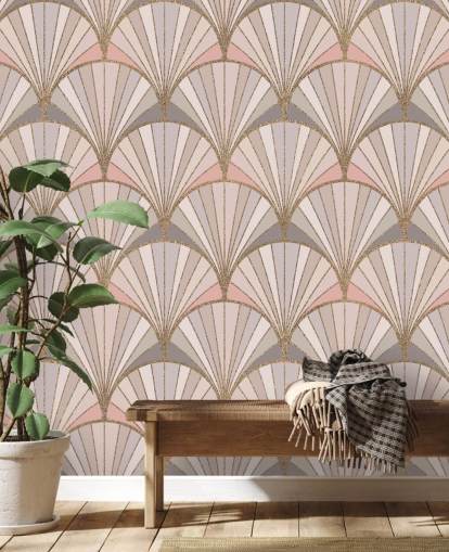 Papel de parede com padrão art déco rosa, cinza e dourado