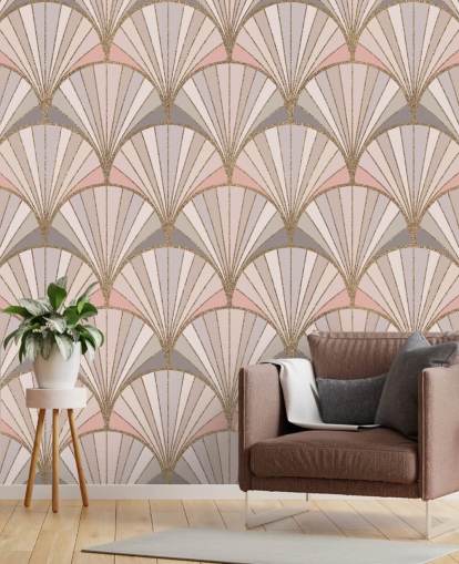 Papier peint à motif art déco rose, gris et doré Papier peint à motif art déco rose, gris et doré