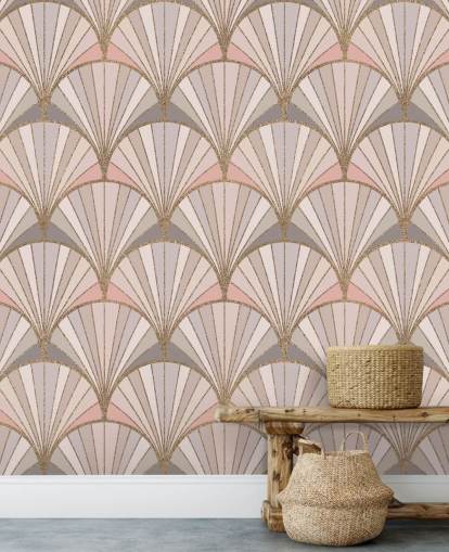 Papel pintado con estampado art deco rosa, gris y dorado