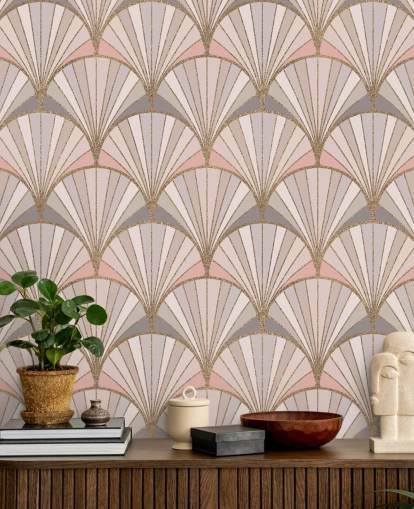 Papel pintado con estampado art deco rosa, gris y dorado