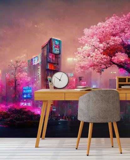 mural de parede de fantasia personalizável rosa chamado Pink Fantasy Cityscape para quartos de adolescentes