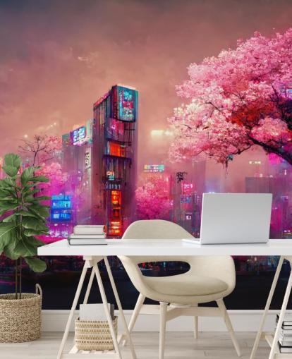 rosa tilpassbar fantasy veggmaleri kalt Pink Fantasy Cityscape for tenåringssoverom