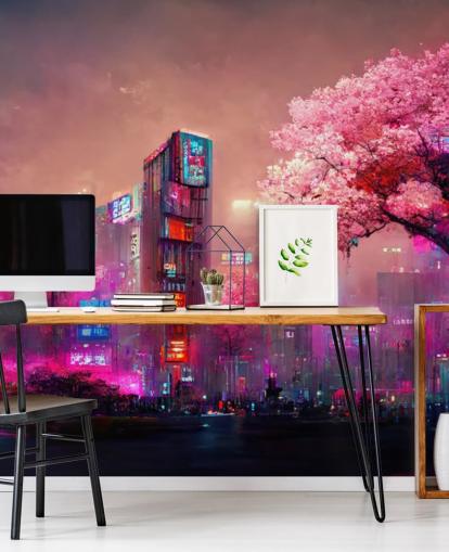 murale fantasy rosa personalizzabile chiamato Pink Fantasy Cityscape per camere da letto per adolescenti