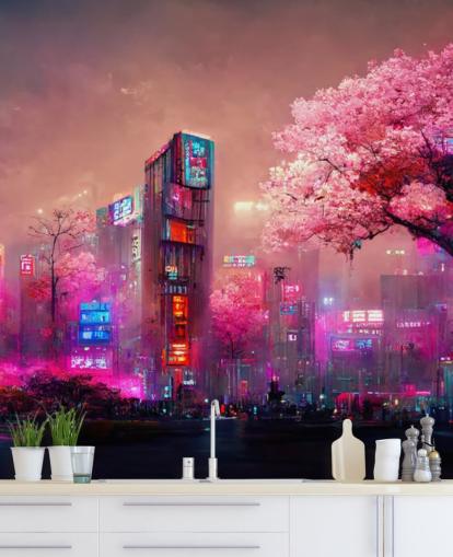 murale fantasy rosa personalizzabile chiamato Pink Fantasy Cityscape per camere da letto per adolescenti