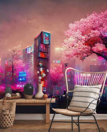 mural de pared de fantasía personalizable rosa llamado Pink Fantasy Cityscape para dormitorios de adolescentes