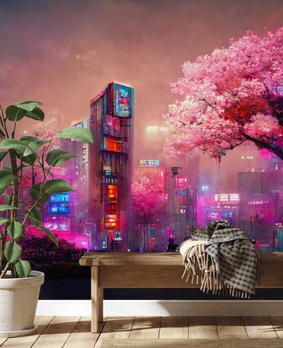 mural de pared de fantasía personalizable rosa llamado Pink Fantasy Cityscape para dormitorios de adolescentes