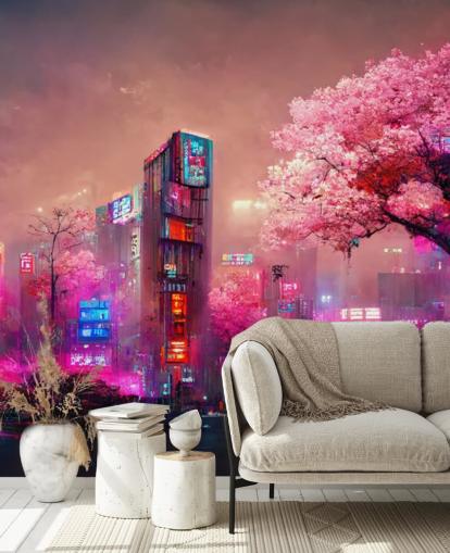 murale fantasy rosa personalizzabile chiamato Pink Fantasy Cityscape per camere da letto per adolescenti murale fantasy rosa personalizzabile chiamato Pink Fantasy Cityscape per camere da letto per adolescenti